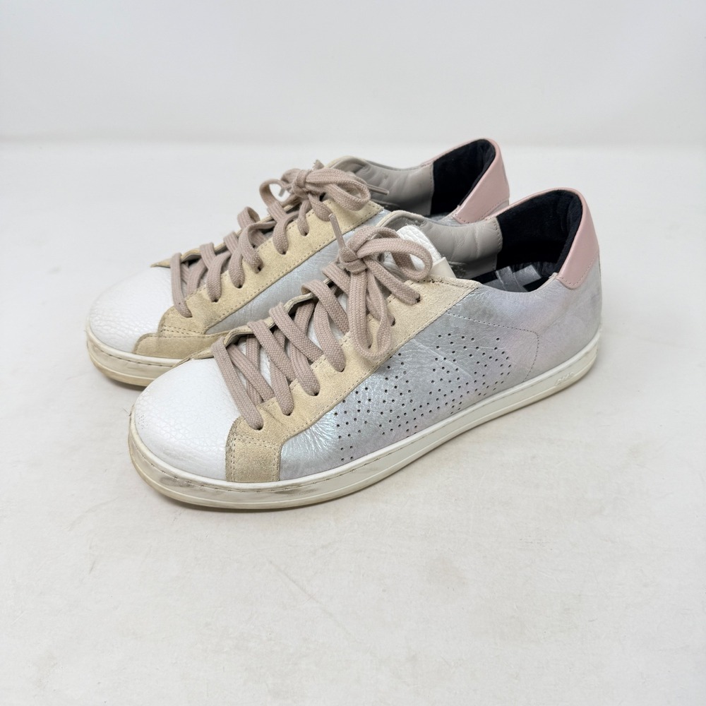 P448 John Sneakers Silver Pink Tan White 38 Italian Leather Low Top Shoes